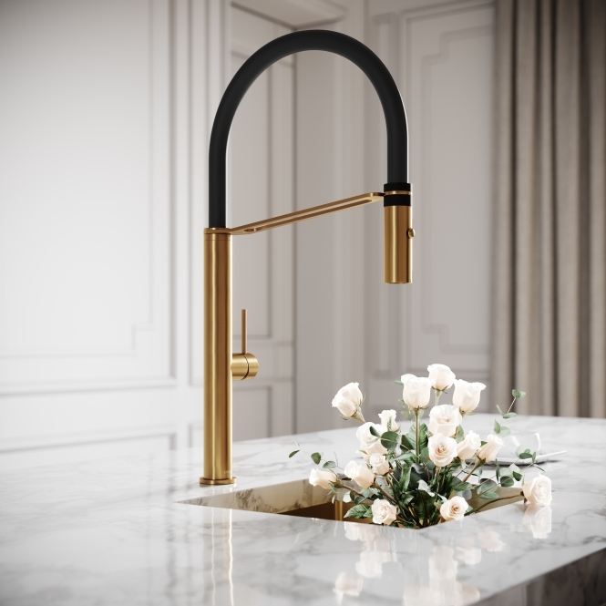 Livello Brushed Gold Pull Out Kitchen Mixer Tap