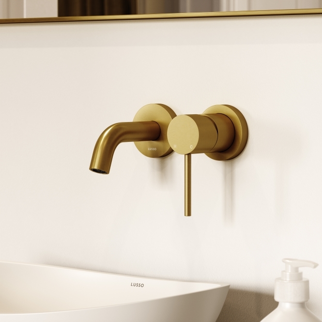 Luxe Brushed Gold Short Projection Wall Mounted Basin Mixer Tap