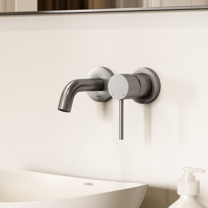 Luxe Brushed Stainless Short Projection Wall Mounted Basin Mixer Tap