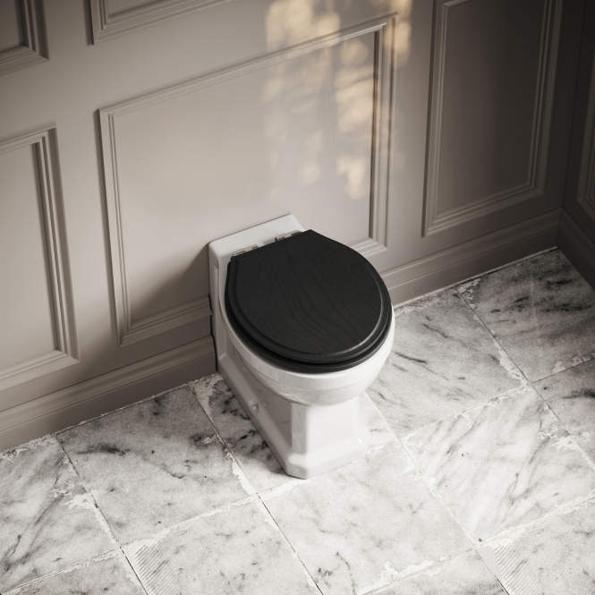 Portland Back to Wall Traditional Toilet with Solid Oak Matte Black seat (Polished Nickel Fittings)