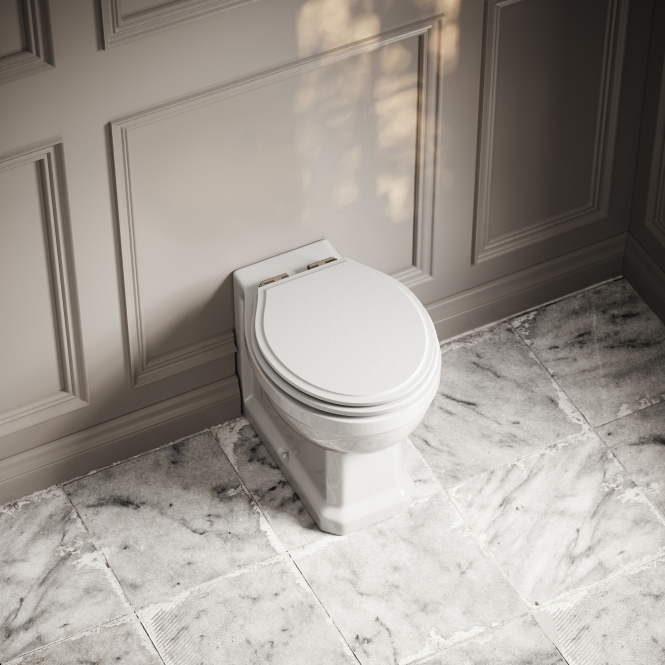Portland Back to Wall Traditional Toilet with Solid Oak Matte White seat (Polished Nickel Fittings)