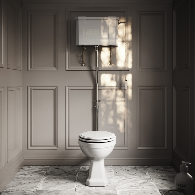 Portland High Level Traditional Toilet with Solid Oak Matte White seat (Chrome Fittings)