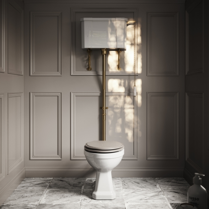 Portland High Level Traditional Toilet with Solid Oak Velvet Beige seat (Brushed Gold Fittings)