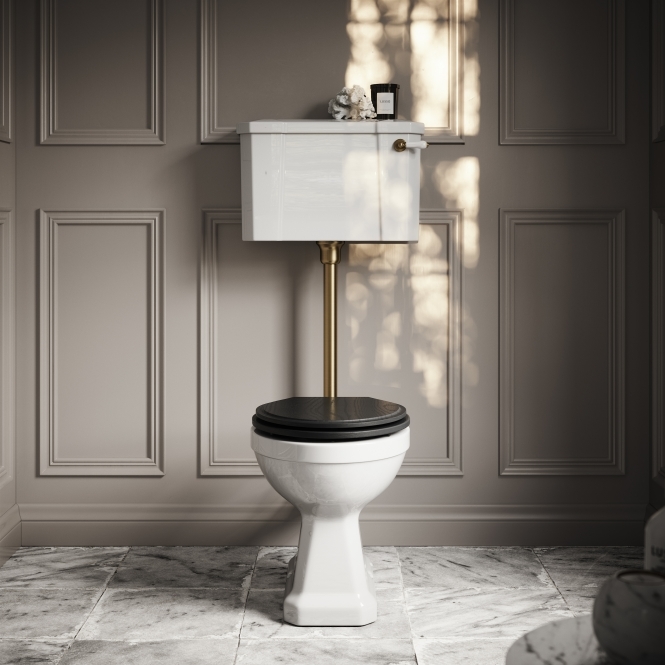 Portland Low Level Traditional Toilet with Solid Oak Matte Black seat (Brushed Gold Fittings)