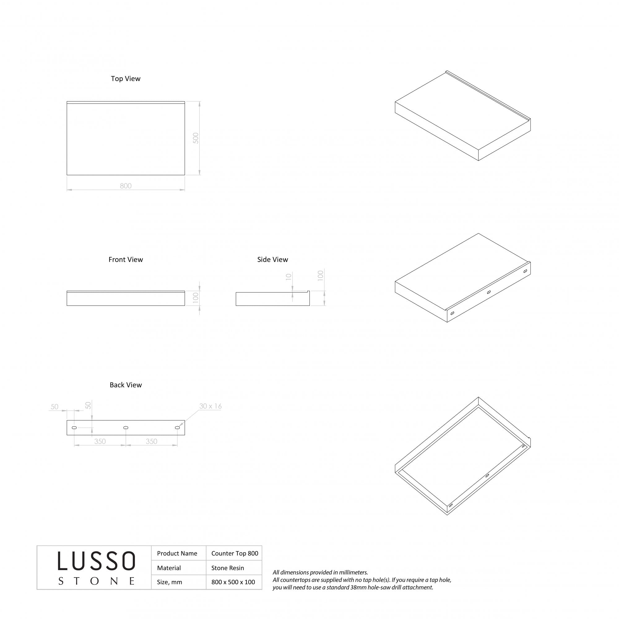 Stone Resin Wall Hung Countertop Basin Shelf 800mm Charcoal - LUSSO